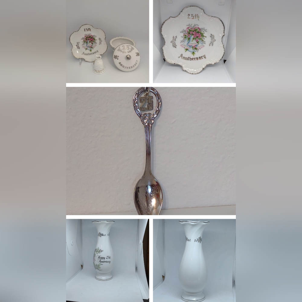 25th Silver Anniversary Lefton Candy Dish, Russ Bell, Vase, Plate Spoon Lot Of 5